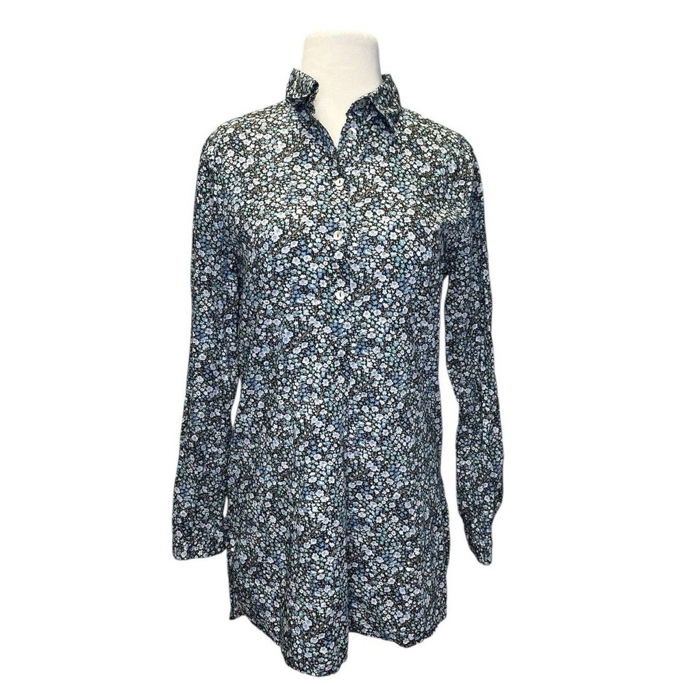 Linen Lawn LIBERTY Fabric Tunic Shirt Size EU 10 US M Floral Collared Blue Black